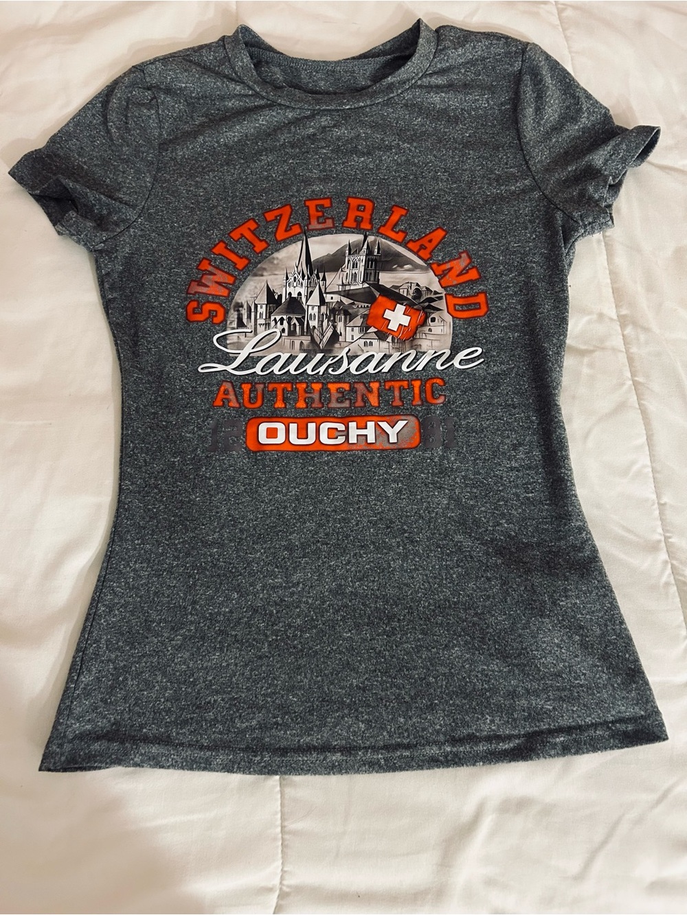 SHEIN Dark Gray Switzerland Lausanne Graphic Tee with Orange Accent